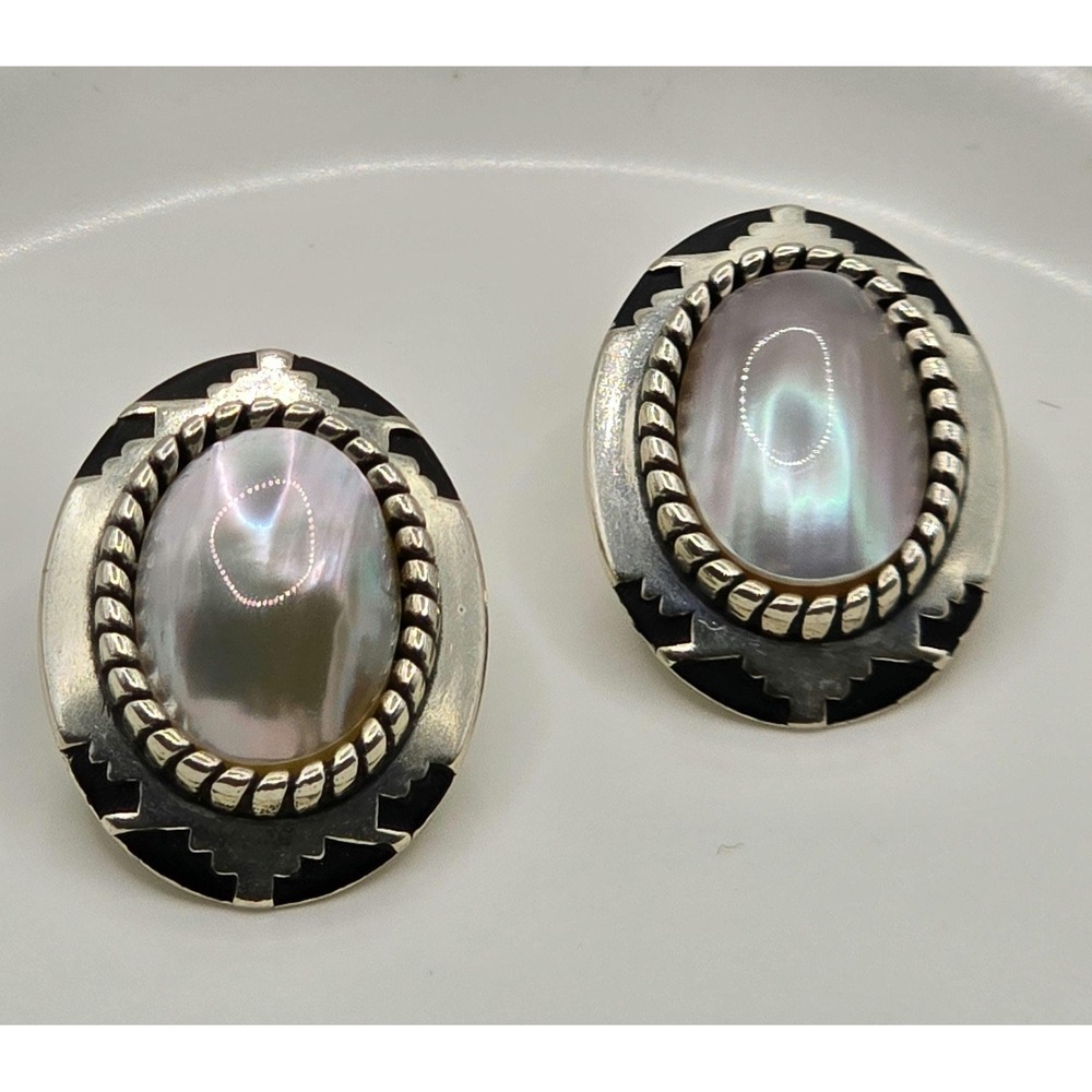 Vintage Sterling Silver Earrings with Oval Mother of Pearl Inlay - Southwestern